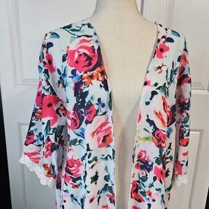 Sheer Floral Kimono with Lace Trim